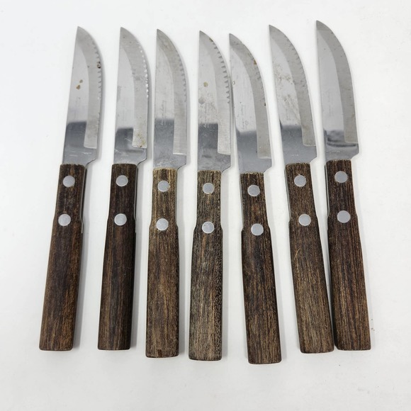 Supreme Cutlery Special Stainless Steak Knife Set of 7 Wood Handle Vintage Japan - Picture 2 of 4
